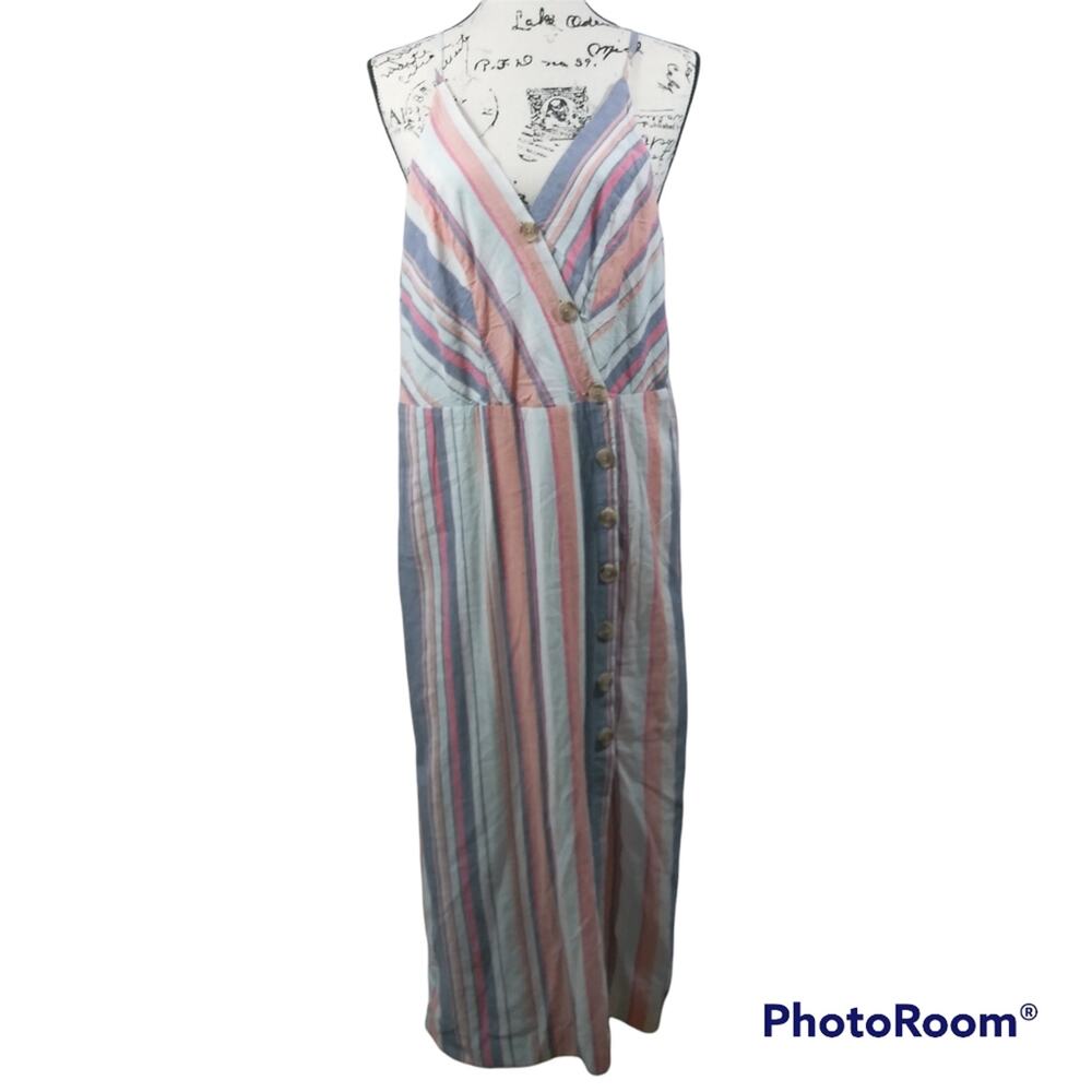 Sandy & Sid Striped Button Front Midi Dress Vacation Beach Size L